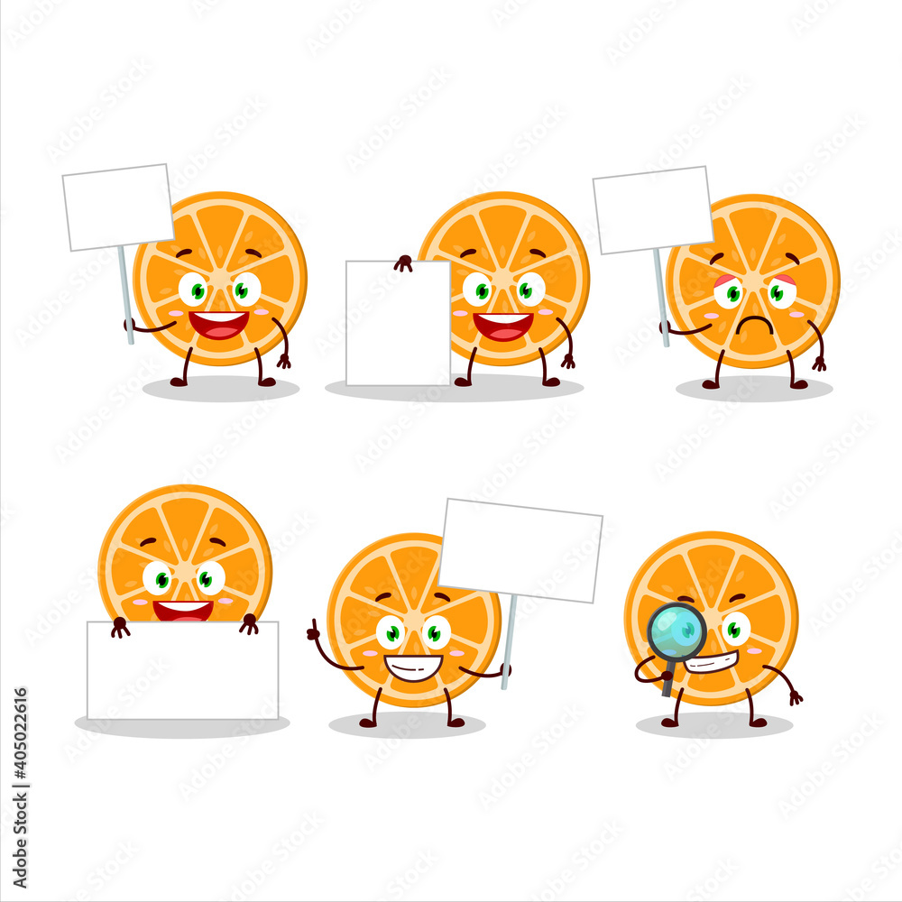 Slice of orange cartoon character bring information board Slice of orange cartoon character bring information board