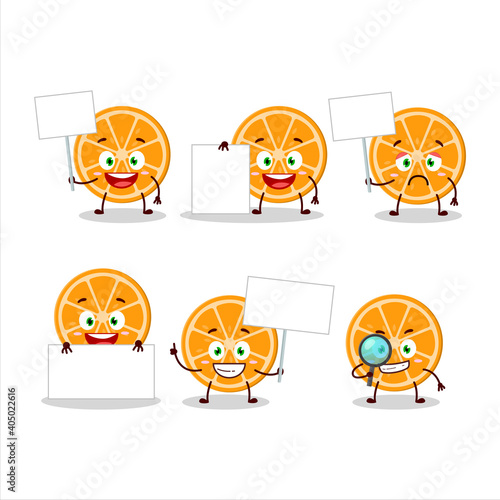 Fototapeta Naklejka Na Ścianę i Meble -  Slice of orange cartoon character bring information board