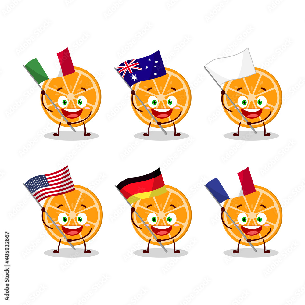 Slice of orange cartoon character bring the flags of various countries Slice of orange cartoon character bring the flags of various countries