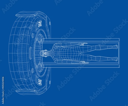 MRI machine scanning patient inside. Vector