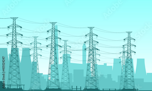 Vector illustration of a nuclear power plant field. Suitable for design elements of power companies, large electrical technology, high voltage power grids. Silhouette background of power plant.