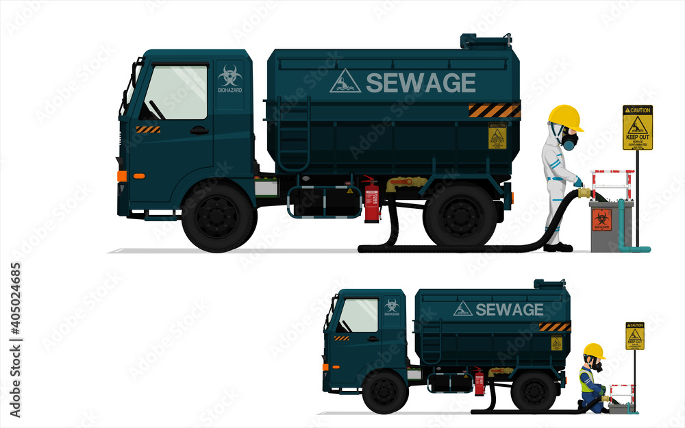 An industrial worker is releasing sewage on white background - obrazy, fototapety, plakaty 