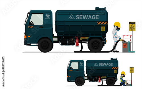 An industrial worker is releasing sewage on white background