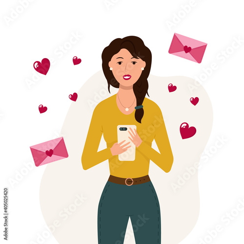 Woman reading love letter on smartphone. Woman chatting online on Valentine's day. Love message from beloved.  