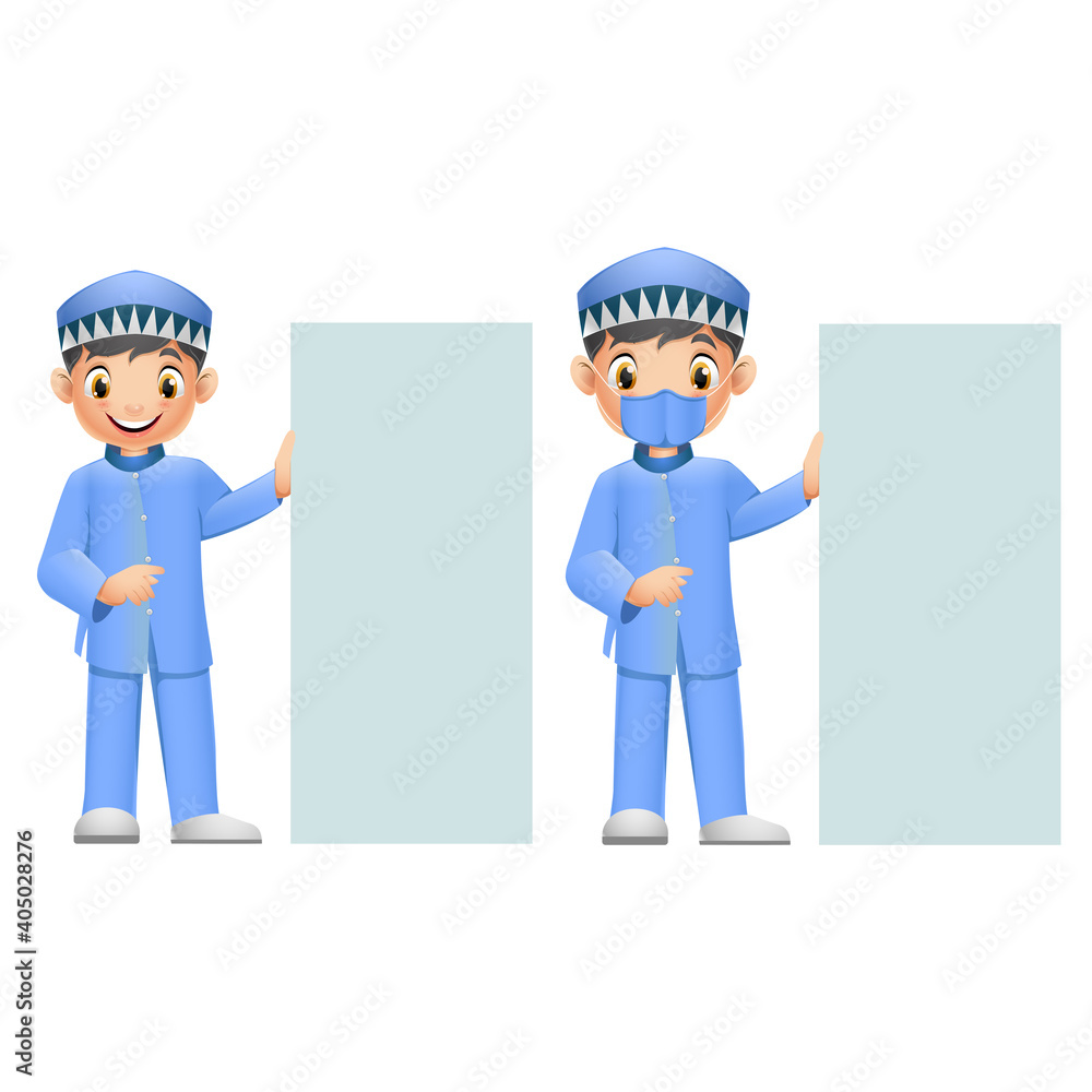 Cute Muslim boy with blank sign. Muslim kid wearing face mask