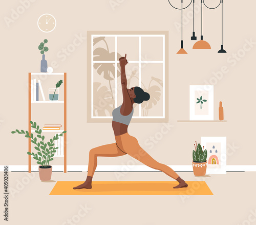 Young african american woman doing yoga exercises, practicing meditation and stretching on the mat. Black female character in yoga studio or home. Trendy flat vector illustration.