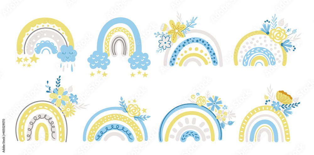 Spring floral rainbow clipart set - blue and yellow baby rainbows and flowers isolated on white background, floral nursery cartoon compositions, cute vector kids illustration Spring floral rainbow clipart set - blue and yellow baby rainbows and flowers isolated on white background, floral nursery cartoon compositions, cute vector kids illustration