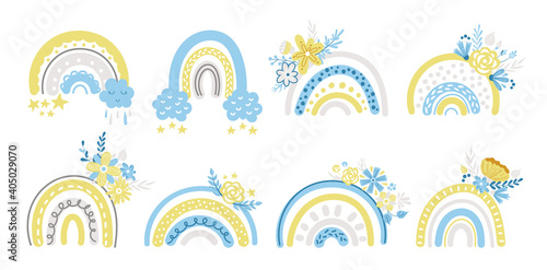 Spring floral rainbow clipart set - blue and yellow baby rainbows and flowers isolated on white background, floral nursery cartoon compositions, cute vector kids illustration