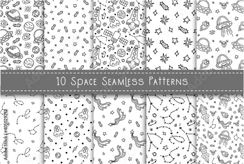 Space black and white doodle seamless pattern bundle - hand drawn digital paper with space, stars, spaceship, rocket, ufo, celestial kids seamless background for textile, scrapbooking, wrapping paper