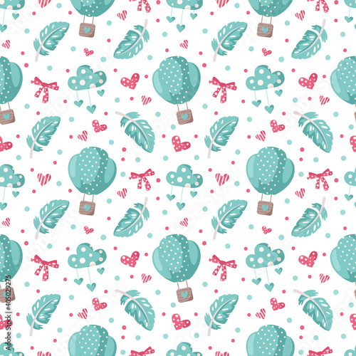 Valentine day cartoon seamless pattern - cute hot air balloon, bow, feather and heart, nursery digital paper in pink and peppermint color, background for kids textile, scrapbooking, wrapping paper
