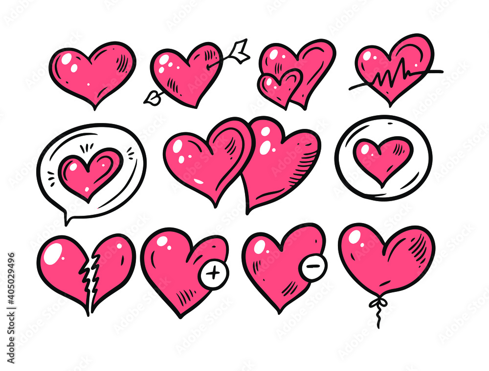 Different Valentines Heart set. Hand draw doodle style. Black and red colors vector illustration. Isolated on white background. Design for holiday cards.