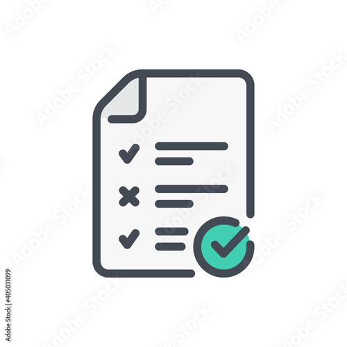 Exam report color line icon. File with check list and check mark vector outline colorful sign.