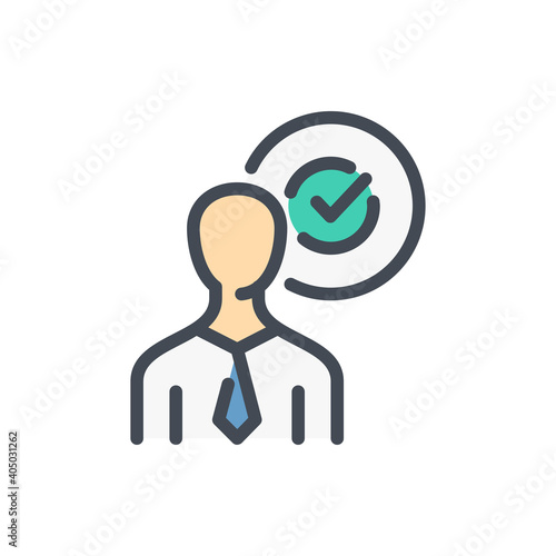 Positive experience color line icon. Business person with tick in circle vector outline colorful sign.