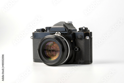 Antique old fashion film camera front view isolated on white background including clipping path