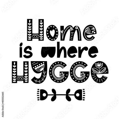 Hygge quote in scandinavian style. Spring typography with floral ornament. Design for print, poster, invitation, t-shirt, badges. Vector illustration