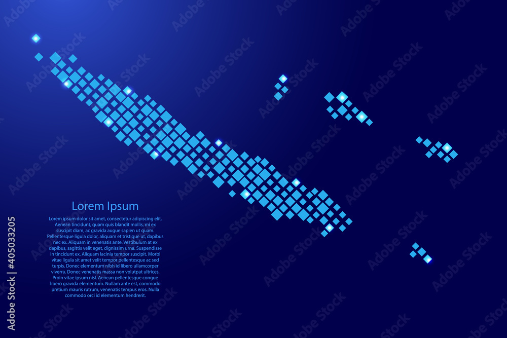 Fototapeta premium New Caledonia map from blue pattern rhombuses of different sizes and glowing space stars grid. Vector illustration.