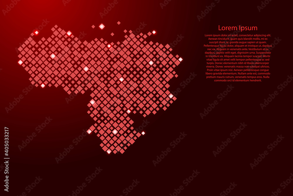 Fototapeta premium Venezuela map from red pattern rhombuses of different sizes and glowing space stars grid. Vector illustration.