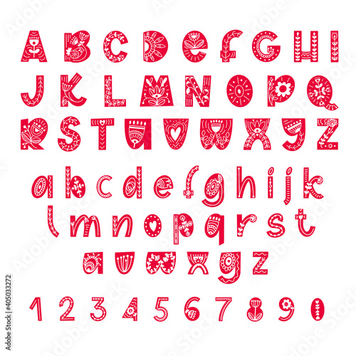 Hand drawn latin alphabet in scandinavian style. Folk art font with flower and leaves ornament. For typography poster, card, label, banner design.