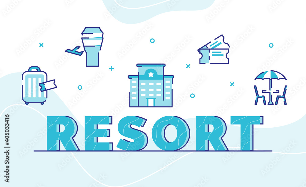 resort typography word art background of icon hotel airport suitcase ticket restaurant with outline style