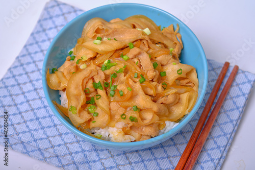 rice topped with pork or pork stew, Japanese food photo