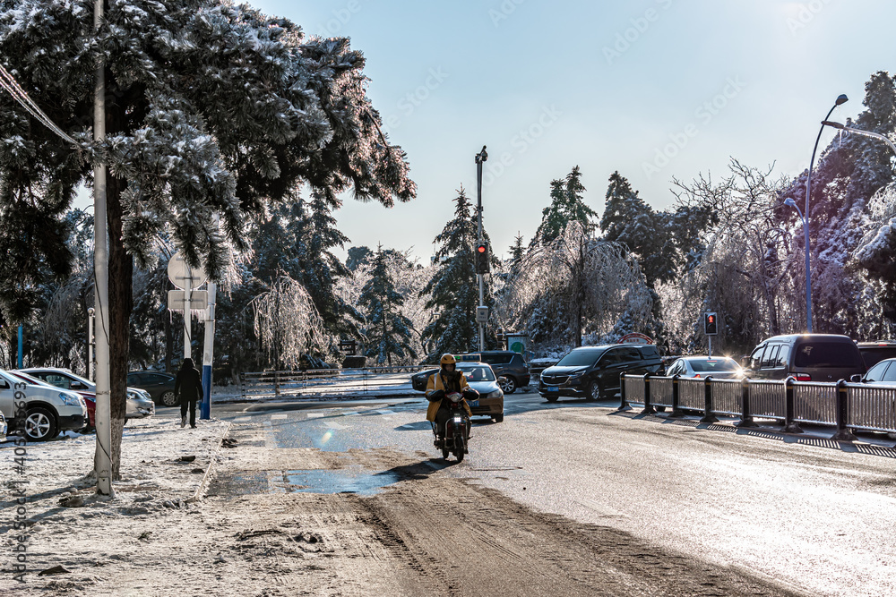 Winter landscape of streets in Changchun, China after snow