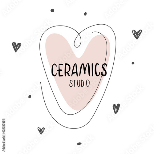 Nice lettering Ceramics studio with pink heart. Vector logo layouts for art studio, pottery or ceramic studio, web, sticker