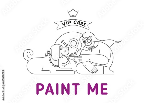 Coloring book for children with an illustration of a sitting girl who feeds a dog with a spoon.