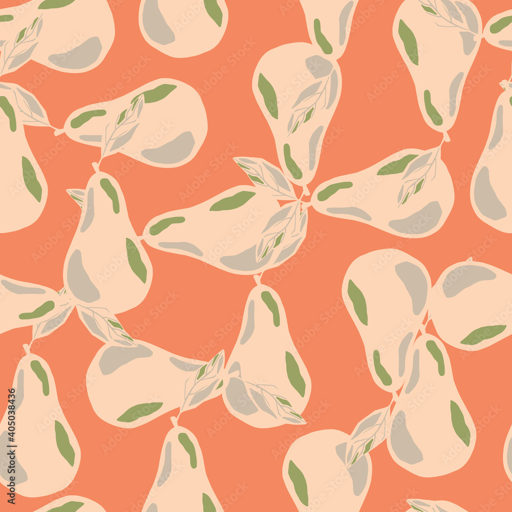 Abstract seamless food pattern with light hand drawn pear print on coral pink background. Abstract seamless food pattern with light hand drawn pear print on coral pink background.