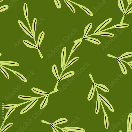 Nature seamless simple style pattern with outline leaves ornament. Green background.