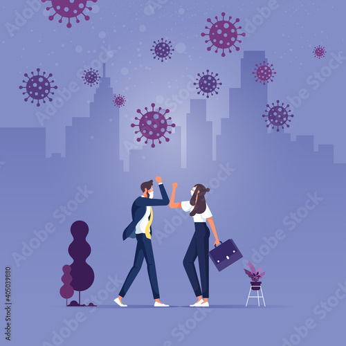Hand touch to protect from COVID-19 coronavirus spreading concept, People bump arm or elbow bump to protect from coronavirus