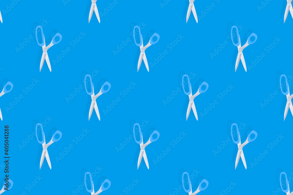 Fototapeta premium Scissors seamless pattern. Barber scissors against blue background backdrop.