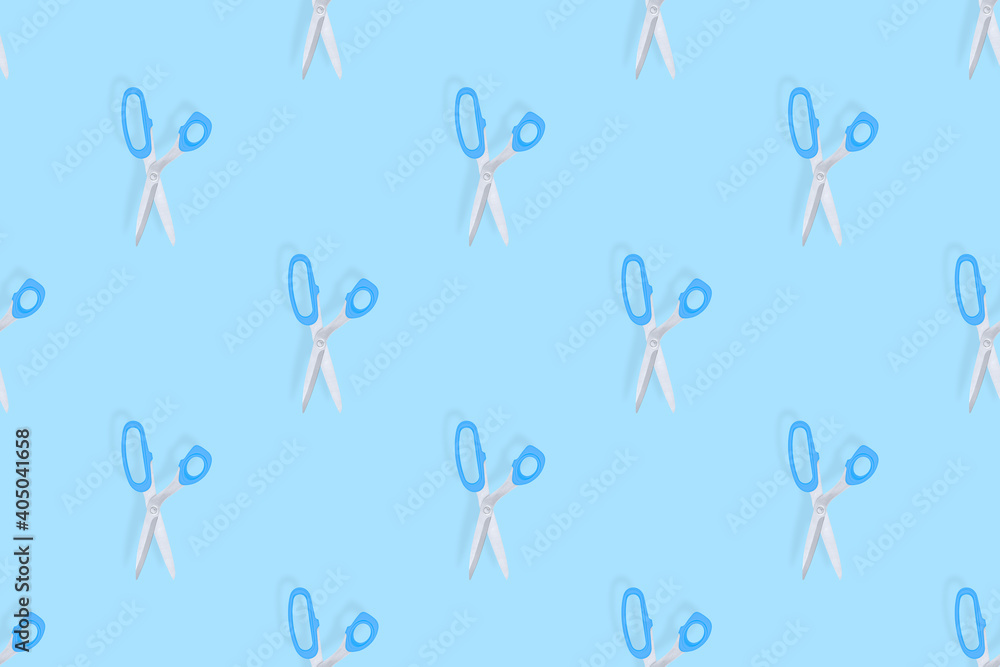 Scissors seamless pattern. Barber scissors against blue background backdrop. Scissors seamless pattern. Barber scissors against blue background backdrop.