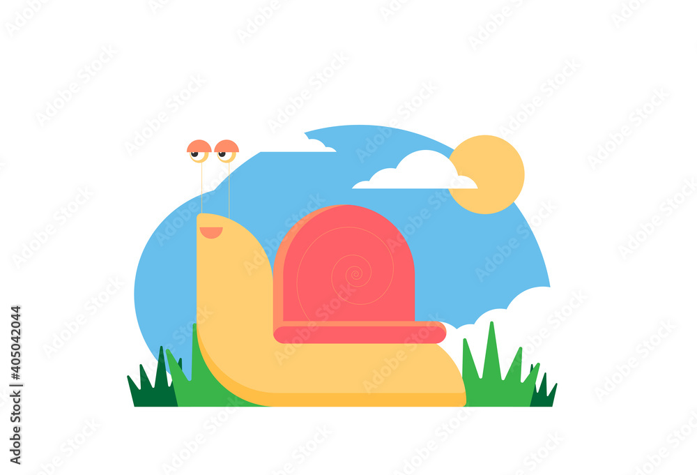 Flat vector cartoon snail with tree and sky Flat vector cartoon snail with tree and sky