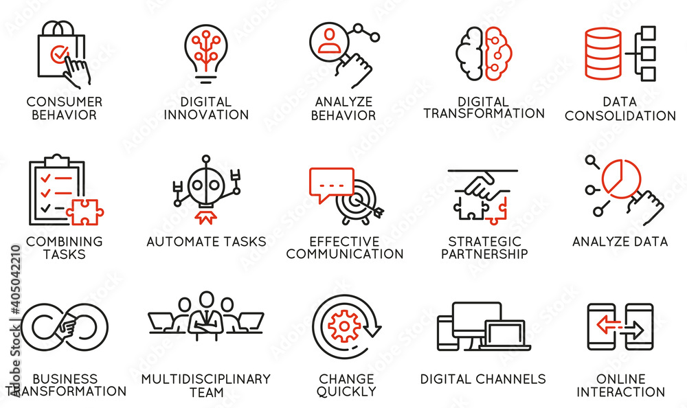 Vector Set of Linear Icons Related to Automation, Convenience of Purchasing Products, Business and Digital Transformation. Mono Line Pictograms and Infographics Design Elements