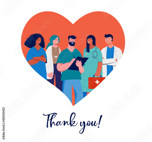 Thank you doctors and nurses concept design - group of medical professionals on a red heart background
