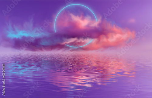 Abstract neon landscape with cloud, neon reflection in water. Futuristic landscape, neon circle. Multicolored ultraviolet background.