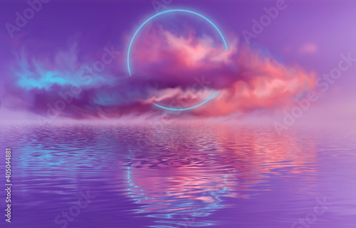 Abstract neon landscape with cloud  neon reflection in water. Futuristic landscape  neon circle. Multicolored ultraviolet background.