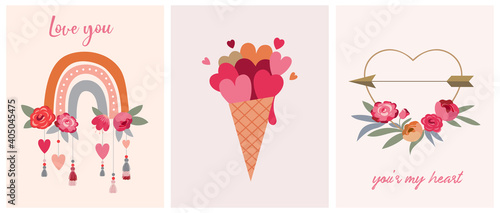 Valentine's day collection of illustrations. Set of modern flat love icons and symbols, hearts, rainbows, decorations 