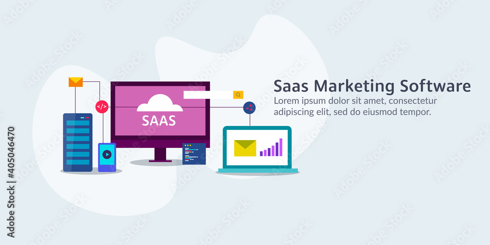 Saas marketing software - web technology and communication cloud system. Flat design vector illustration web banner. Saas marketing software - web technology and communication cloud system. Flat design vector illustration web banner.