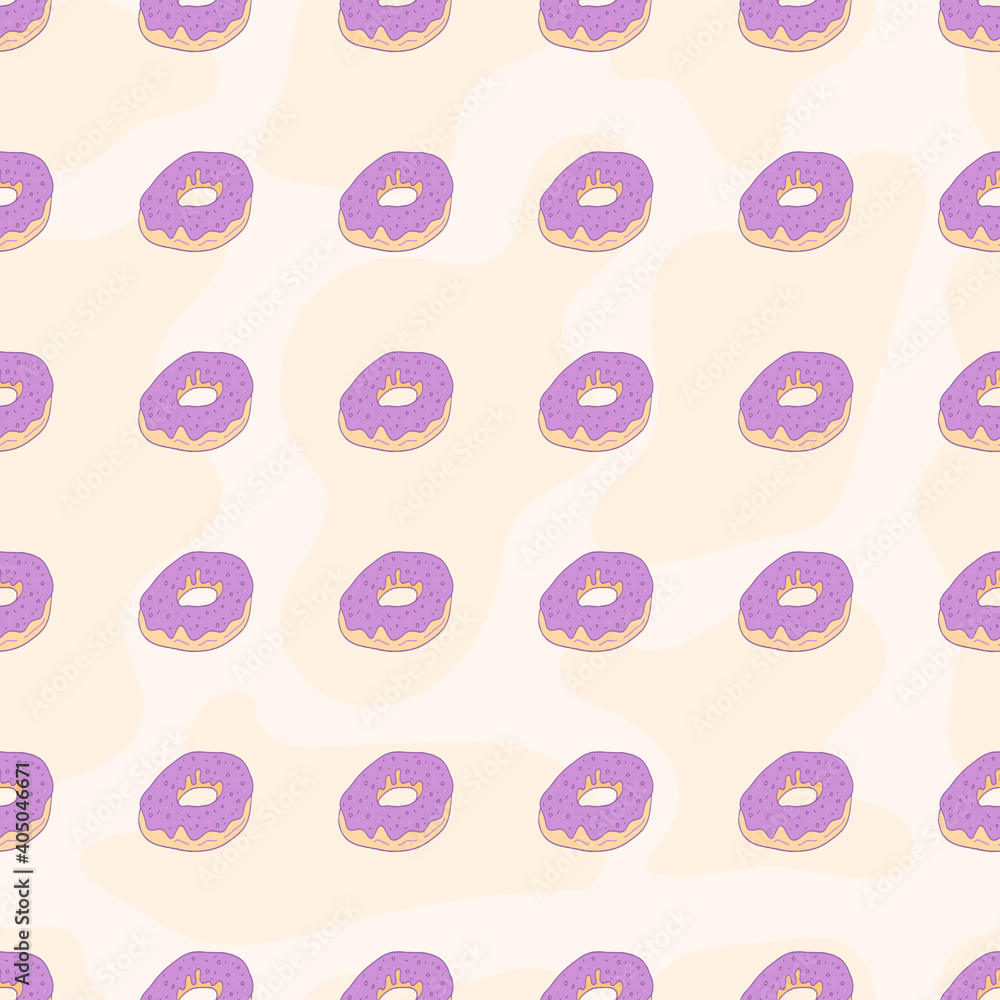 seamless pattern set, cartoon hand-drawn sweet donuts, delicate pastel pink beige lilac colors. cute patterns for packaging wrapping banners textiles fabrics