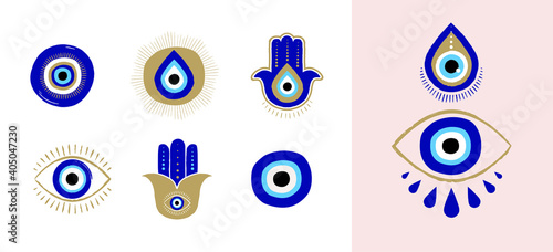 Evil eye or Turkish eye symbols and icons set. Modern amulet design and home decor idea photo