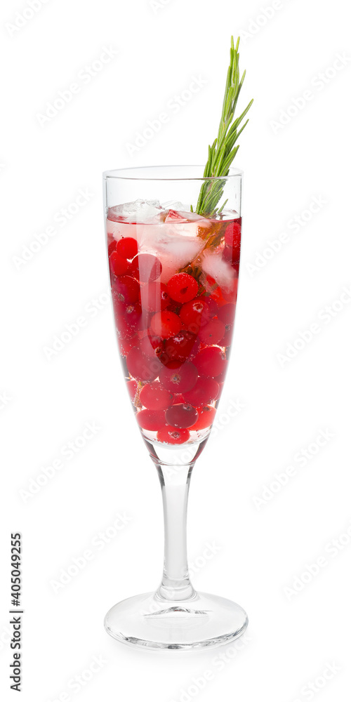 Glass of champagne cocktail with cranberry and rosemary on white background Glass of champagne cocktail with cranberry and rosemary on white background