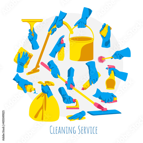 Cleaning service concept. Hands in rubber gloves holding different cleaning tools. Housework supplies of circular shape. Hygiene cleanup chores cartoon vector illustration
