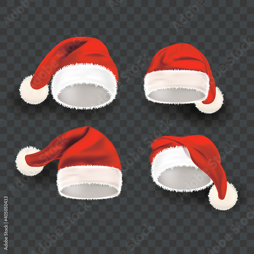 Realistic Detailed 3d Santa Hat Set. Vector