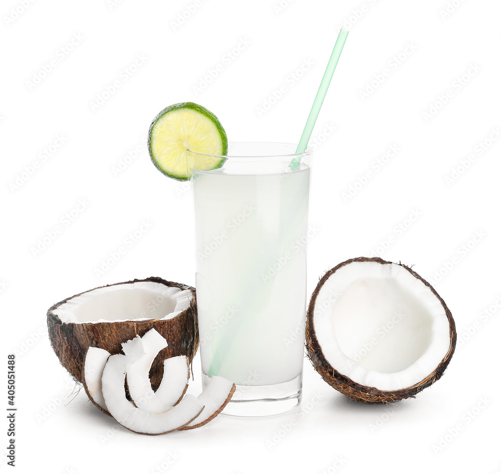 Glass of fresh coconut water on white background Glass of fresh coconut water on white background