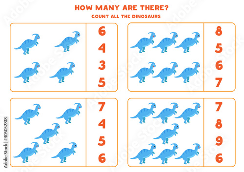 Counting game with cute cartoon dinosaur Parasaurolophus. Math worksheet.