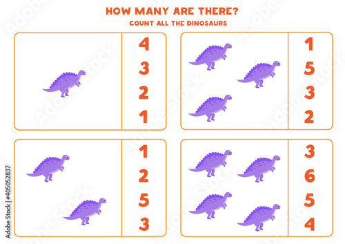 Count all dinosaurs and circle the correct answer. Math game for kids.
