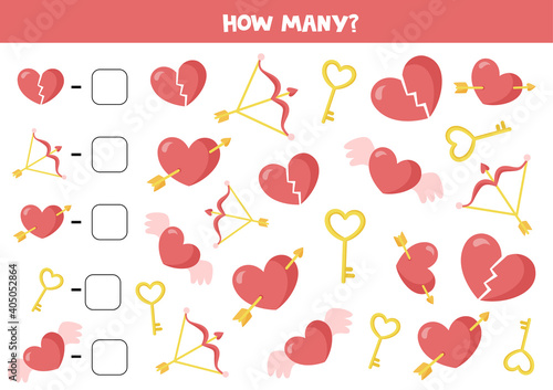 Counting game with cute cartoon valentine elements. Math worksheet.