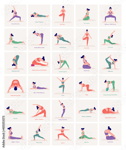 Yoga Poses Set. Young woman practicing Yoga pose. Woman workout fitness  aerobic and exercises. Vector Illustration. 