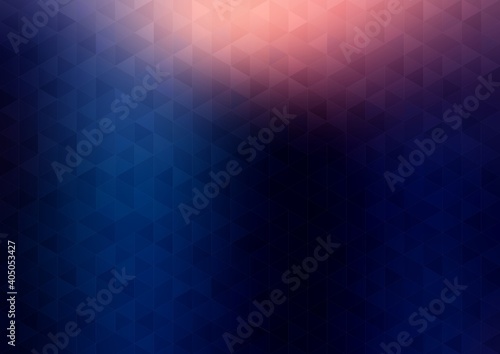 Triangles geometric poligonal pattern dark blue background. Pink spotlight on top. Brutal digital abstract illustration.